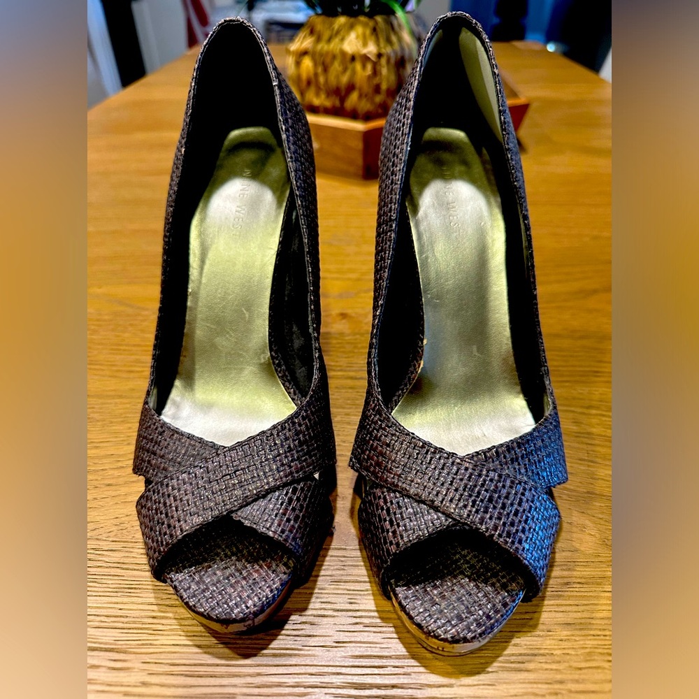 Nine West Woven and Cork Peep Toe Heels